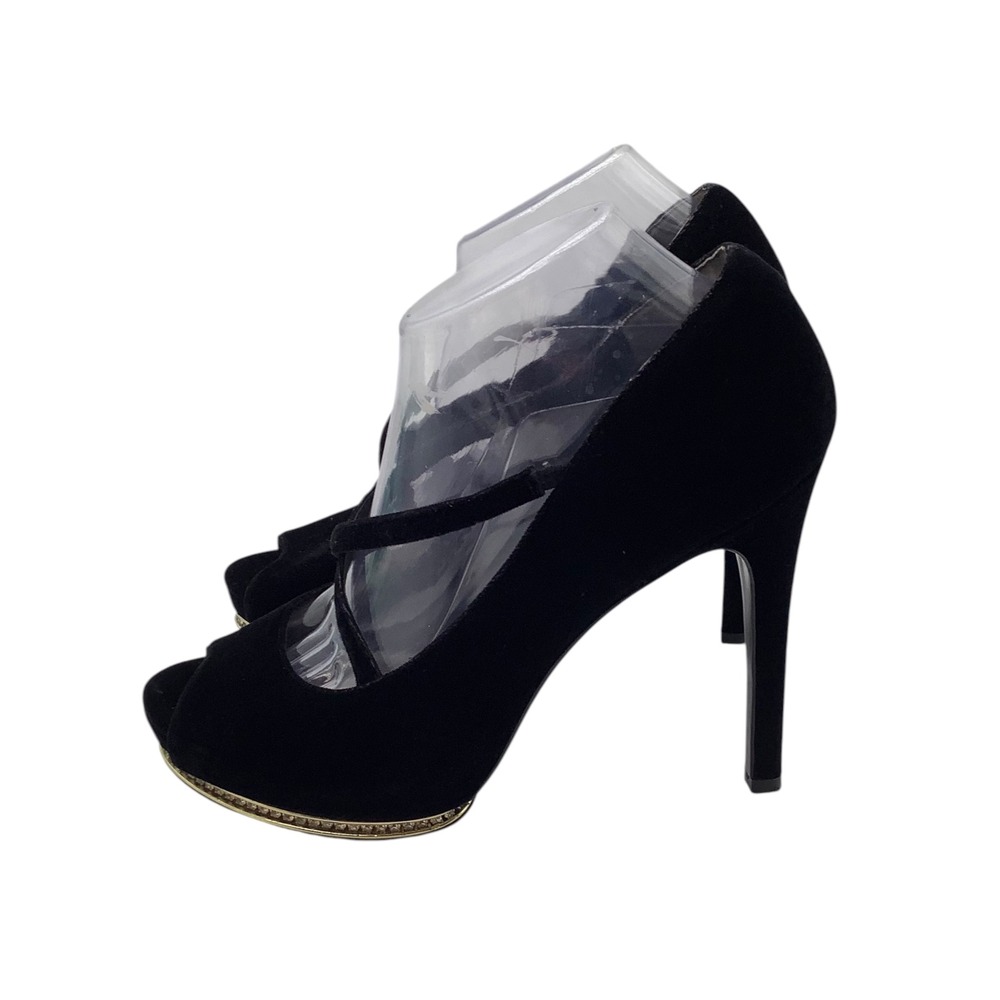 Adrianna Papell Black Velvet Peep Toe Pumps Rhinestone Platform Heels Size 10M‎